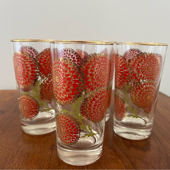 Vintage Mid Century Floral Highball Glasses Set of 4-Red Chrysanthemum Gold Rim - Picture 5 of 6
